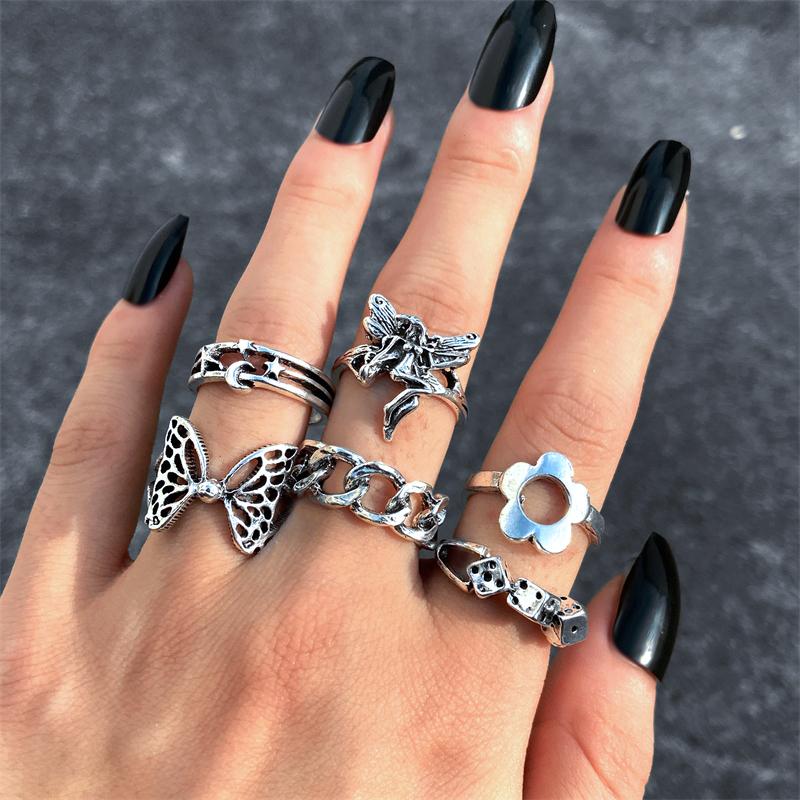 Punk YinYang Ring Set for Women Gothic Black Heart Butterfly Vintage Ghost Silver Color  Plated Retro Rhinestone Finger Jewelry