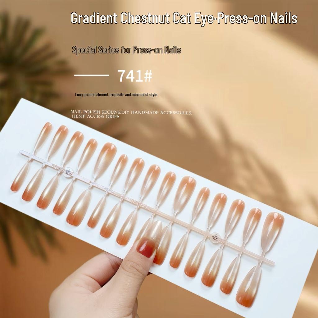 Exquisite Gradient Chestnut Cat Eye Nails: Chic Whitening False Nails Set