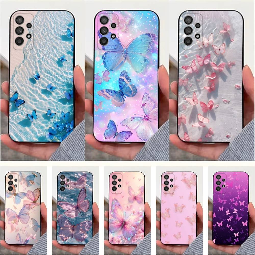 Pink Butterfly Pattern Phone For Samsung S22,S25,S24,S23,Ultra,FE,Plus,S21,S20,S10,S9,Lite,Soft Silicone Black