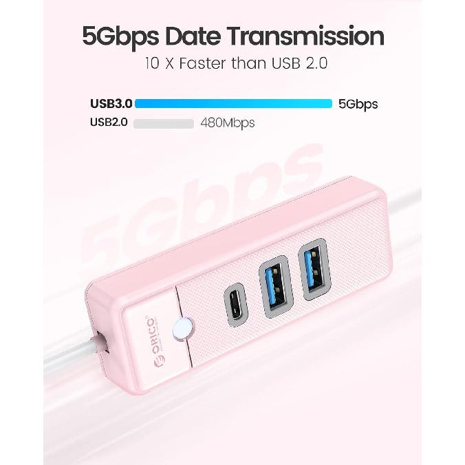 ORICO USB C Hub Adapter, 3 Ports (2 USB A/1 Type C) Docking Station with 15cm Cable, Compatible with Laptop Phone Tablet, Pink