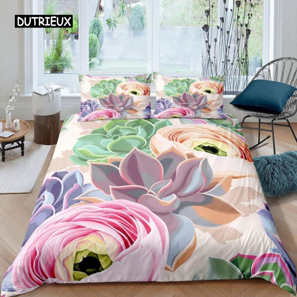 Пододеяльник с суккулентами, комплект постельного белья с зелеными растениями, тропическим ботаническим рисунком, акварелью, стильным принтом природы, двухспальное покрывало
