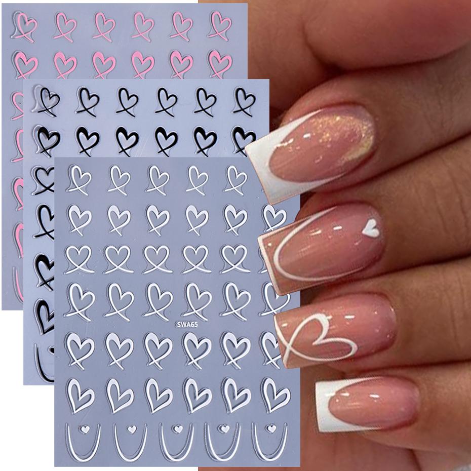 3pcs Valentine's Day Nail Art Stickers 3D Black White Pink Lines Love Nail Decals DIY Adhesive Slider Manicure Decorations