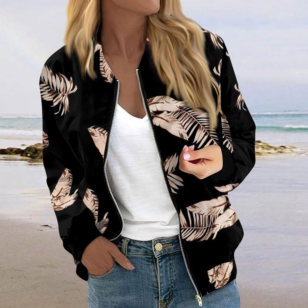 Куртки для женщин, легкие укороченные куртки с длинным рукавом на молнии, модная верхняя одежда с цветочным принтом, повседневные стеганые куртки с карманами