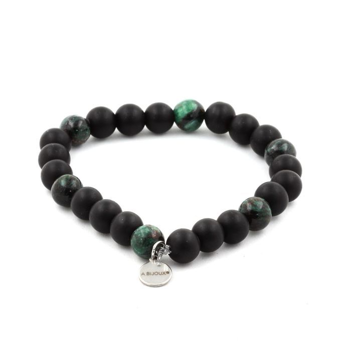 Stones and Minerals. Matte Black Onyx + Zambian Emerald Beaded Bracelet 8 Mm. Made In France.