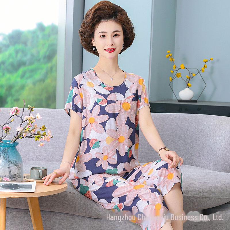 Женский летний пижамный комплект из хлопкового шелка - комплект из двух предметов с короткими рукавами для матерей среднего и пожилого возраста, подходит для ношения в помещении и на улице