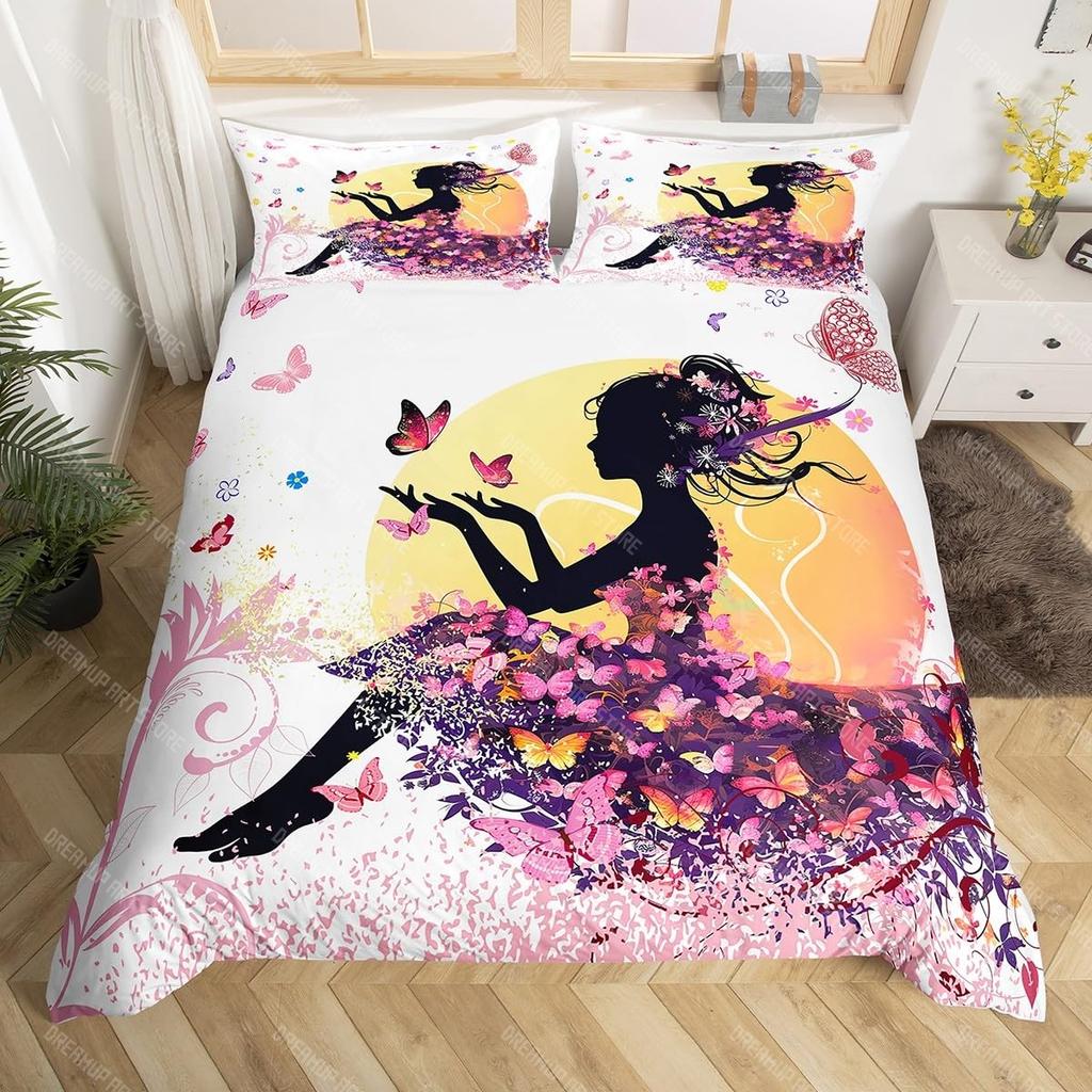 Girl Butterfly Duvet Cover Set Beautiful Fairy Butterflies Single Bedding Set Flower Fairy Fantasy Queen Comforter Cover 2_3 Pc