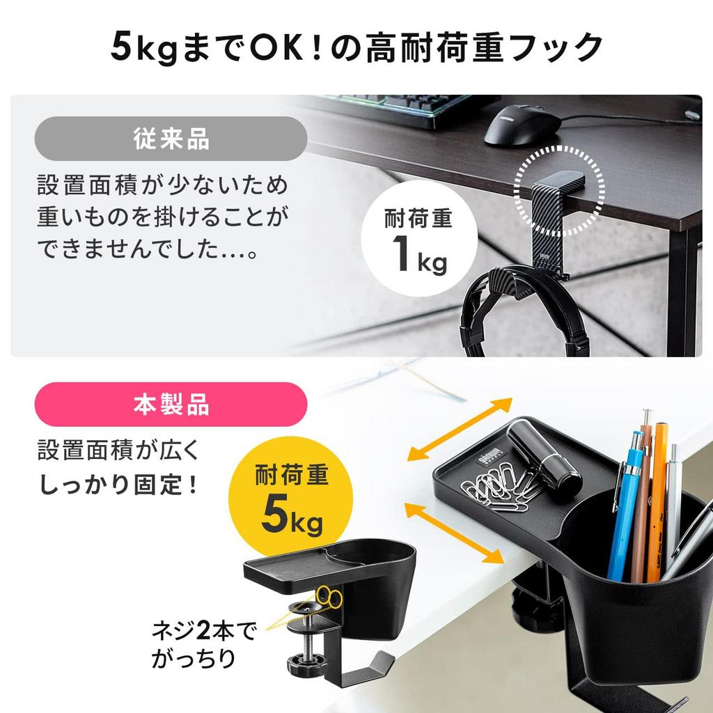 Sanwa Direct Drink Holder Desk Headphone Hanger Bag Hanger Clamp Type Metal Load Capacity 5kg White 200-STN063W