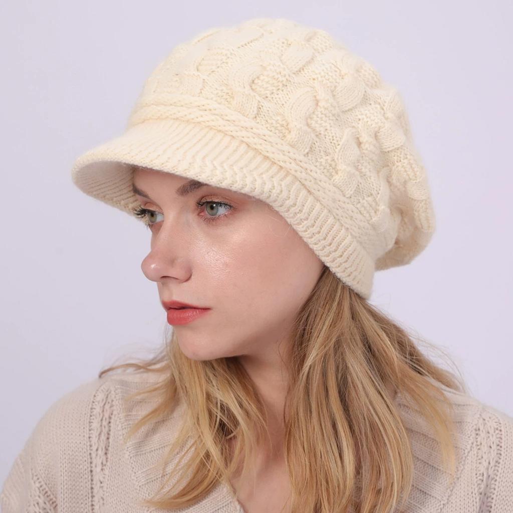 Women's Winter Cable Knit Hat with Fleece Lining, Fashion Beret & Peaked Cap Style, Thickened Warm Beanie for Cold Weather