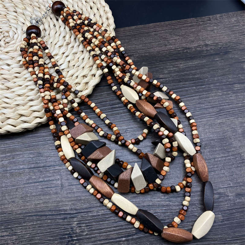 Long Necklace Retro Ethnic Style Multi-Layer Geometry Beach Pastoral Style Wood Colorfull