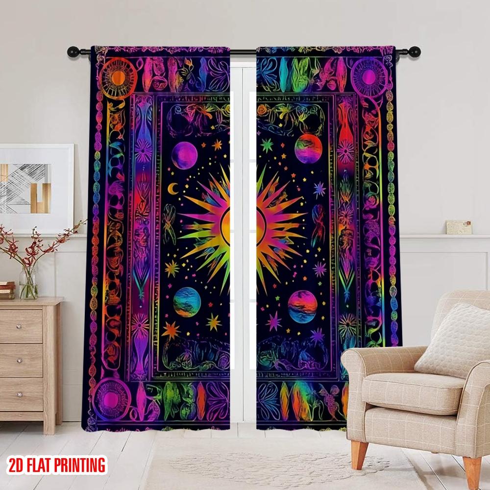 Набор из 2 богемных штор для дверей с плоской печатью Boho, Солнце и Луна, Французский Хиппи, Подходит для спальни, ванной комнаты, гостиной, Изготовлены из полиэстера