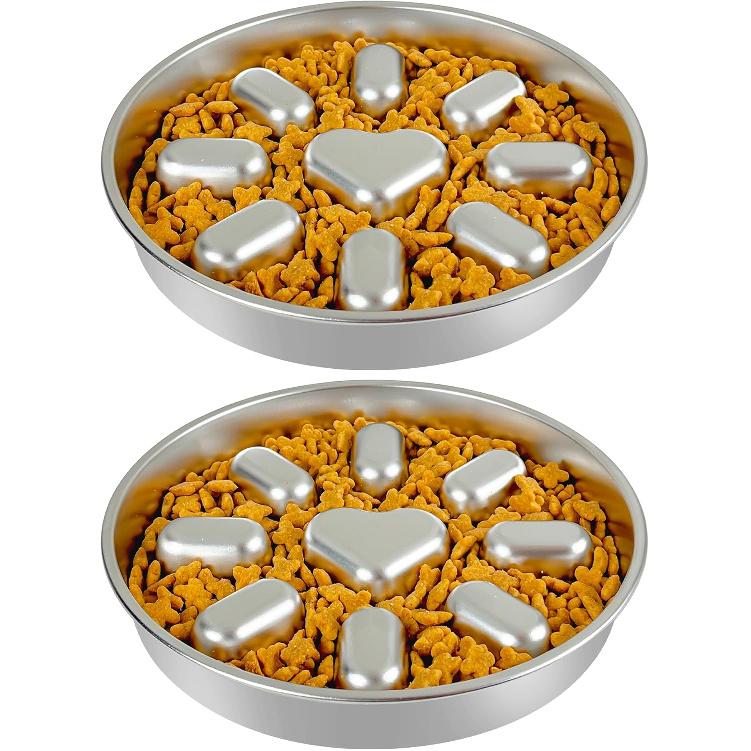Slow Feeder Dog Bowls with Non-Slip Mat, Stainless Steel Metal Slow Feeder for Small & Medium Dogs, 2 Cups Pet Bowl for Fast Eaters, Slows Down
