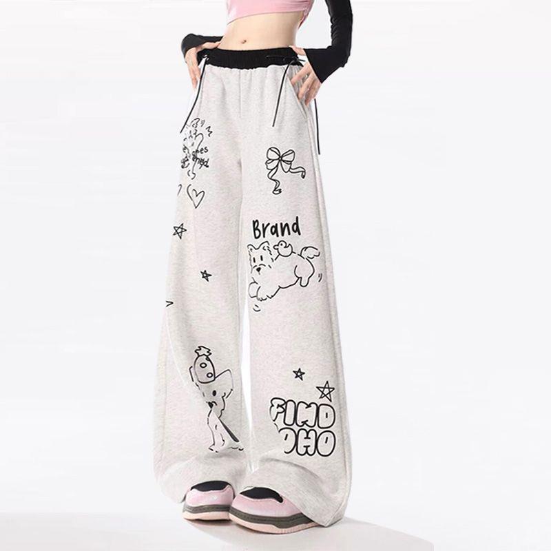 Повседневный шикарный дизайн, узор, мешковатые прямые брюки, женские, с высокой талией, на шнуровке, корейская мода, весна-осень, свободные брюки