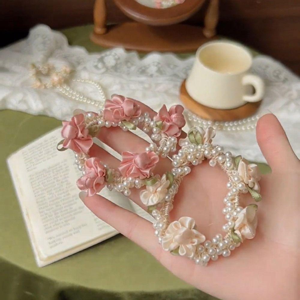 1Pcs Elegant Flower Pearls Hair Band High Elastic Hair Tie New Rubber Hairband For Women Girls