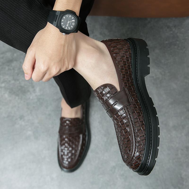 Spring Woven Leather Shoes Black Loafers Men's Luxury Brand Shoes High Quality Moccasin Leather Soft-soled Shoes Casual Shoes