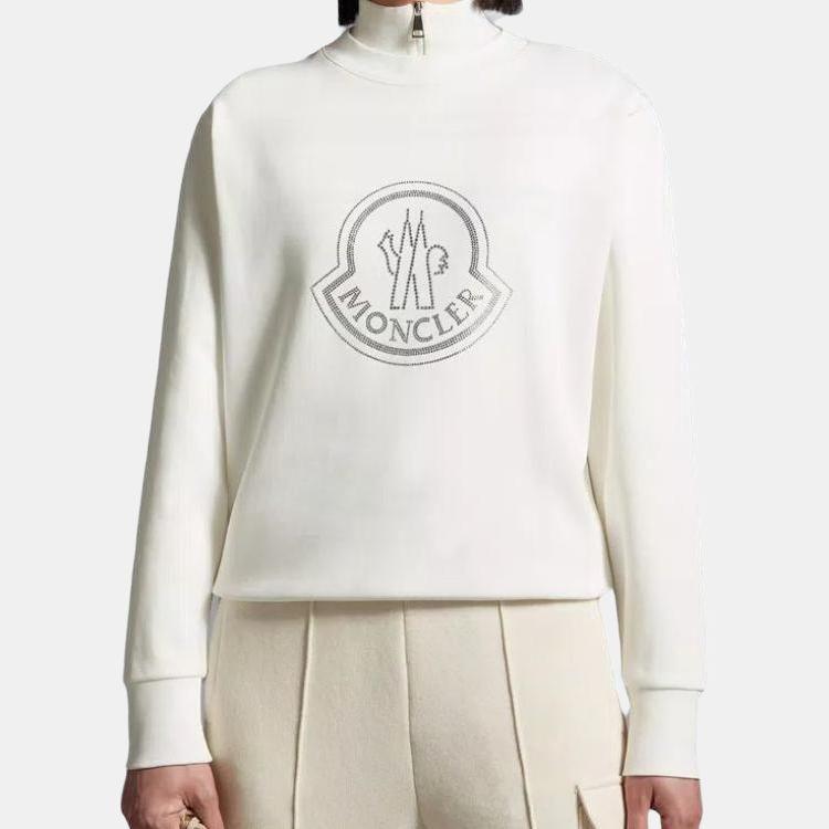 Moncler Crystal Rhinestone Pattern Round Neck Loose Sweatshirt Women sweatshirt White I20938G00053899TR033