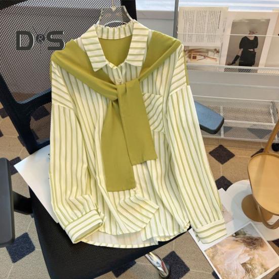 Women Shirt Lapel Long Sleeve Vertical Striped Fake Two-Piece Design Shawl Back Shirt Loose Fit Buttons Placket Shirt Tops