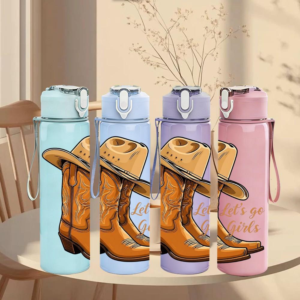 1PC Cowboy Western Leather Boot Art 750ml Color Plastic Sports Water Bottle Leakproof Flip Straw Lid Suitable for Sports Office Home Use