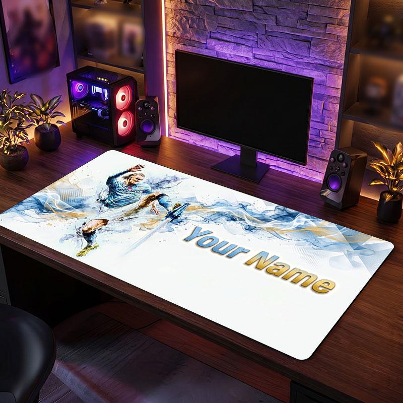 Erling Haaland Custom Large Mouse Pad, Personalized Name Text Print, Football Logo Non‑Slip Desk Mat Gaming Gift