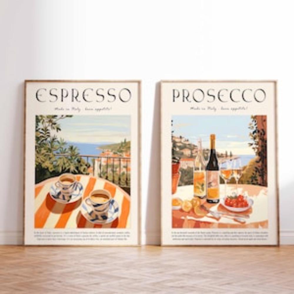 Set of 2 Espresso and Prosecco Posters, Drink Posters, Kitchen Decor, Coffee Print, Coffee Decor, Cocktail Art,Cocktail Prints