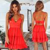 Women Slim Breathable Halter Skirt Sexy Lace Solid Color Patchwork Backless Sleeveless Casual Dress