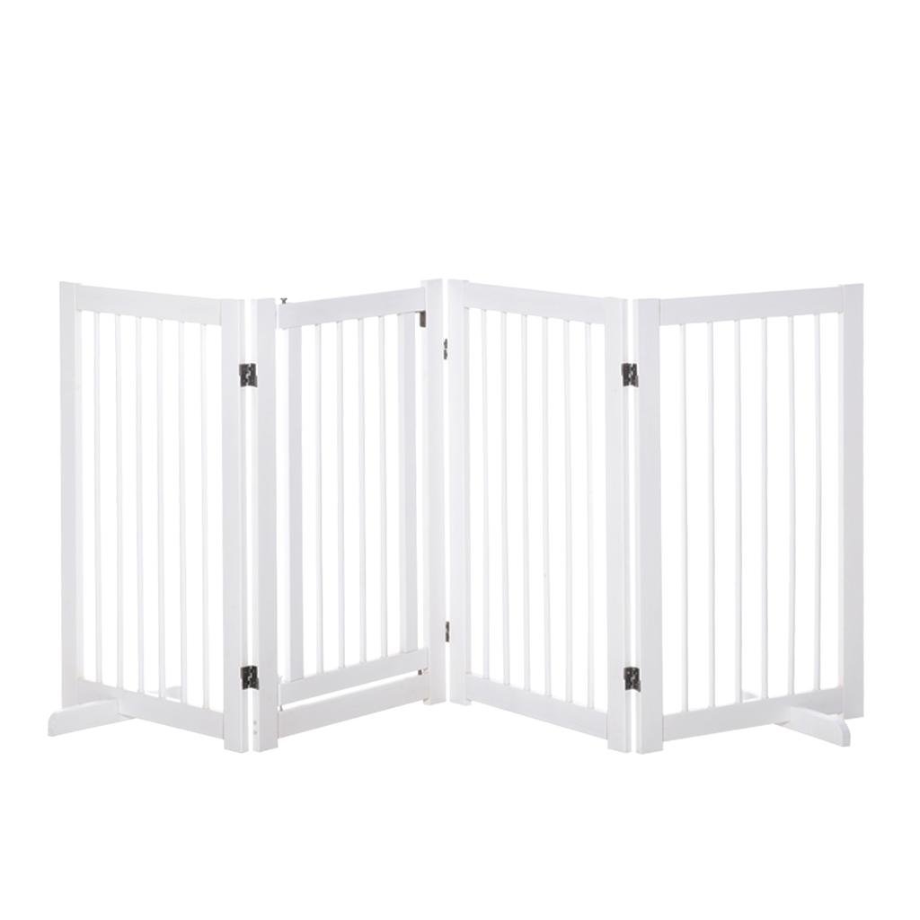 Freestanding Pet Gate 4 Panels Wooden Dog Safety Fence Foldable with Support Feet for Doorway Stairs 91cm Tall White