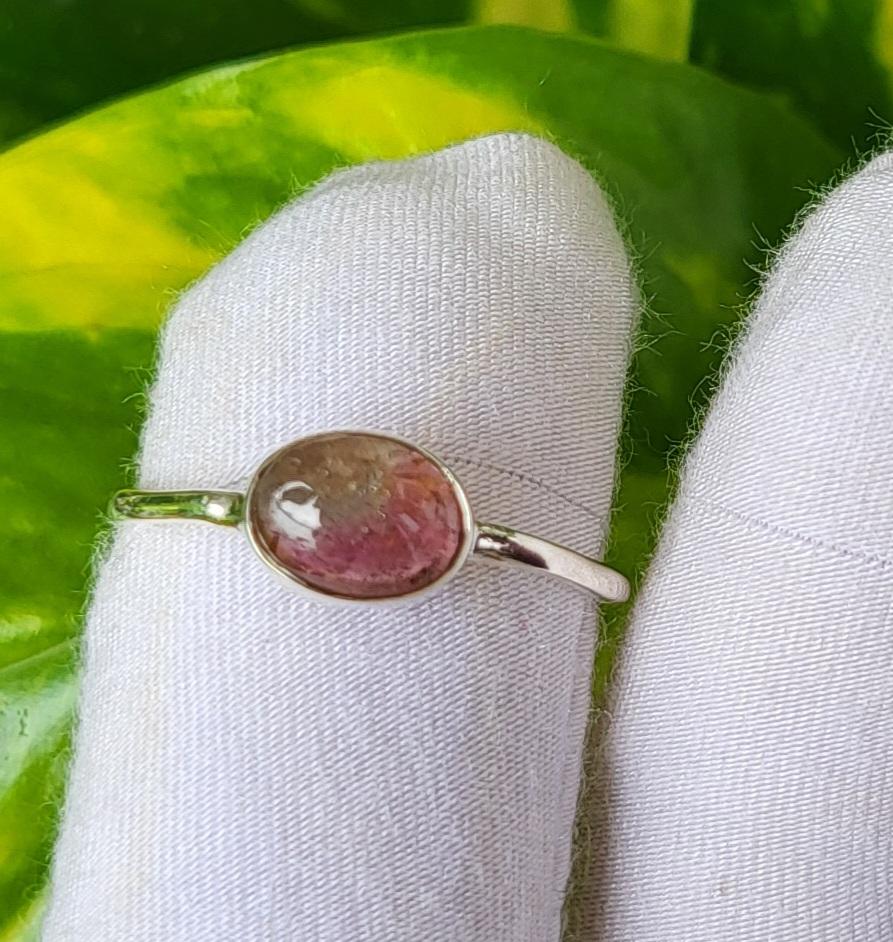 Natural Gemstone Bi Color Tourmaline 925 Sterling Silver Hammer Ring Sz 8.25 US