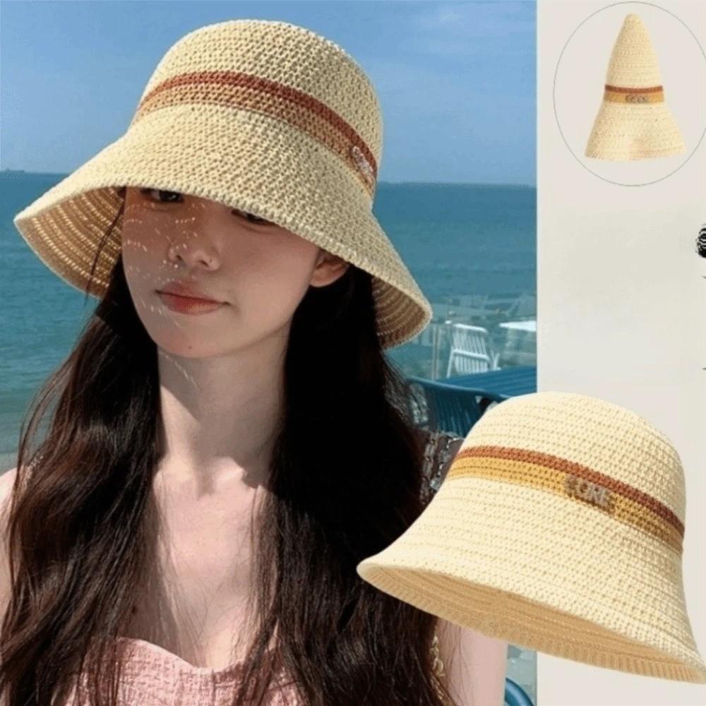 Flat Brim Wide Brim Bucket Hat Contrast Stripes Sun Hat New Hollow Straw Cap Beach Vacation