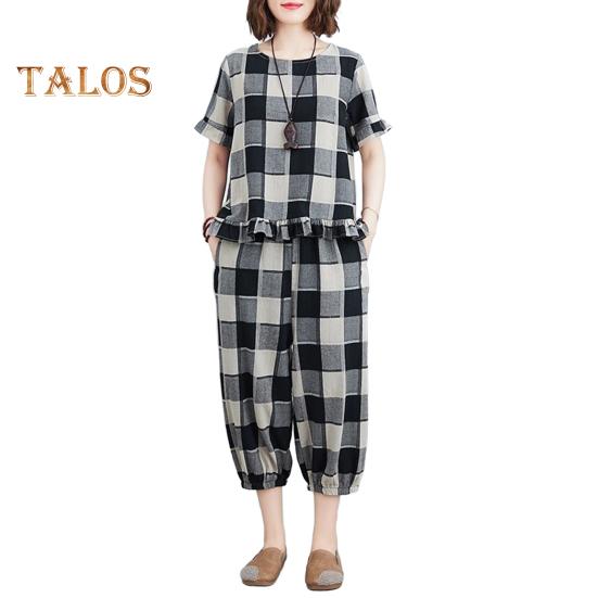 Женский комплект из 2 предметов для отдыха, повседневный клетчатый топ большого размера с короткими рукавами и спортивные брюки, летний свободный наряд