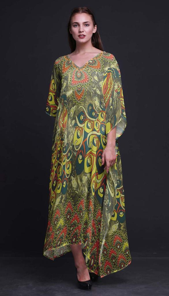 Phagun Peacock Bird Long Caftan Maxi Dress Beach Swimwear Cover Up Womens