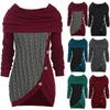 Plus Size Women O-Neck Long Sleeve Solid Botton Pachwork Asymmetric Tops Sweater