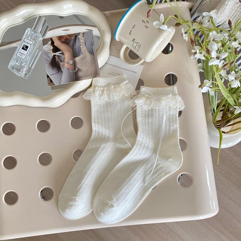 Женские весенне-летние носки с милым кружевным краем и бантом в рубчик