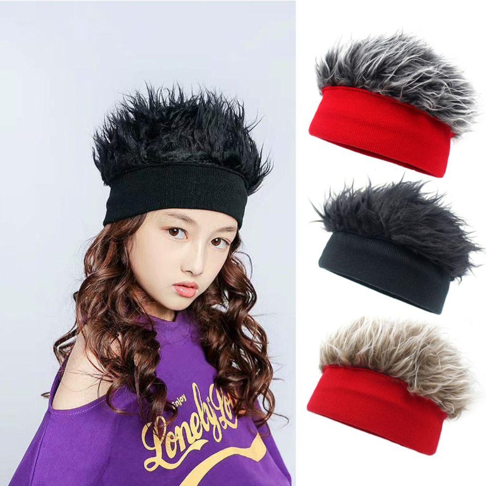 Natural Novelty Knit Fake Hair Hat Windproof Decorative Hat Beanie Wig Hat Fun Short Hair Caps