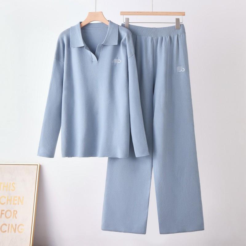 Womens Knit Set With Embroidered Collar Long Sleeve Top Wide Leg Pants Casual Outfit Fall Winter 2026