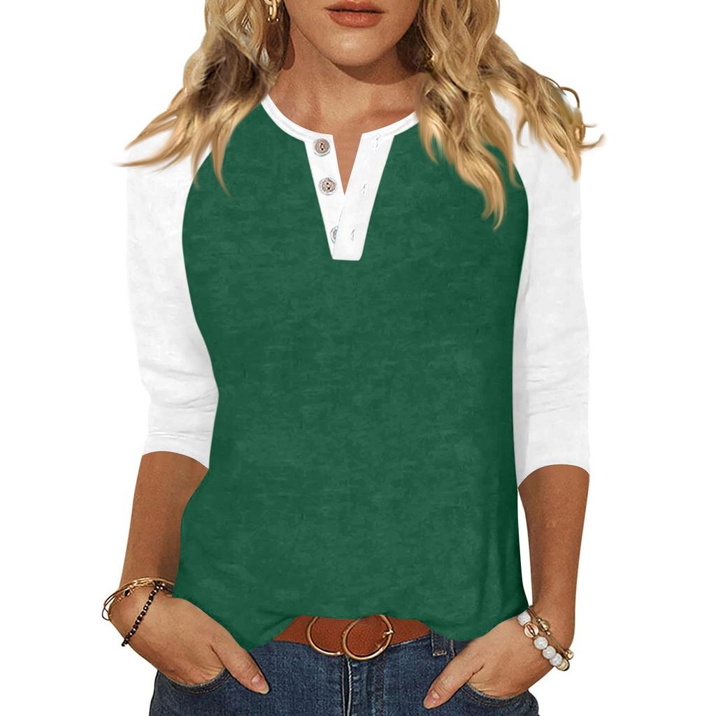 Жен. Футболка С принтом Пуговицы Рукав 3/4 Повседневные Выходные Мода Классический Классический V-образный вырез Обычный Верх