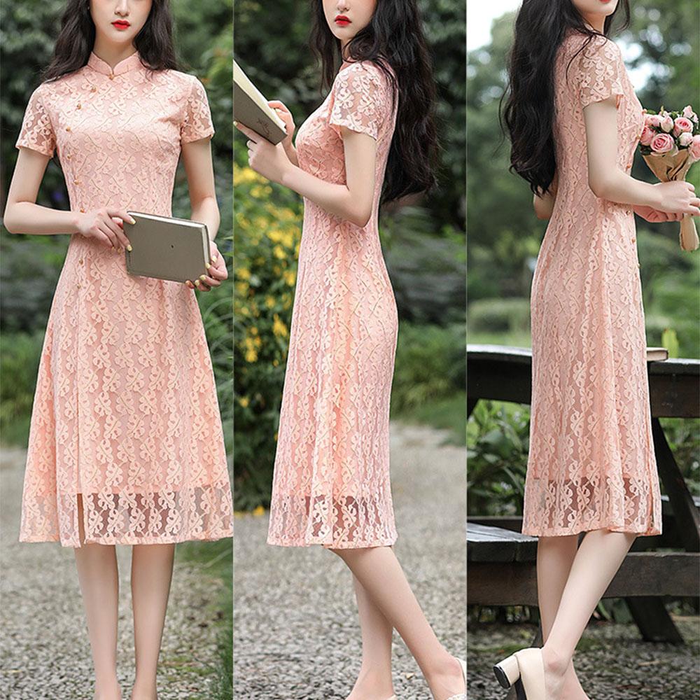 Кружевное повседневное платье Cheongsam средней длины с низким вырезом, облегающее платье больших размеров в китайском стиле Ao Dai