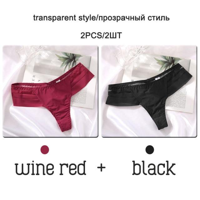 FINETOO 2Pcs/set Sexy Thongs Women Low Waist G-string Panties Fashion Hollow Out Seamless Underwear Perspective Underpants