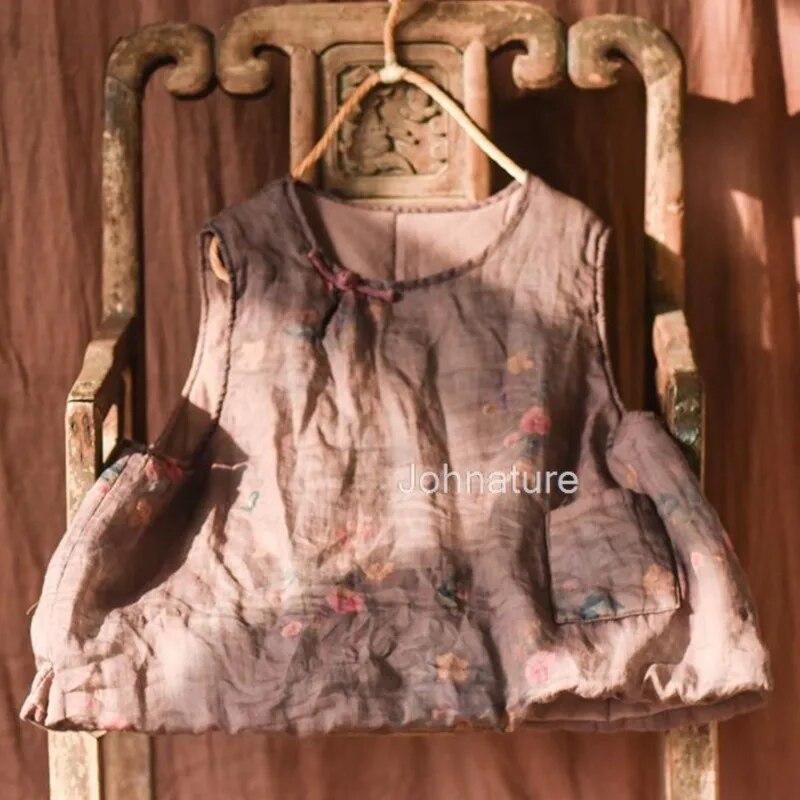 Johnature Women Vintage Print Floral Pullover Vests Coats O-Neck Patchwork Pockets Clothes Spring Chinese Style Vests