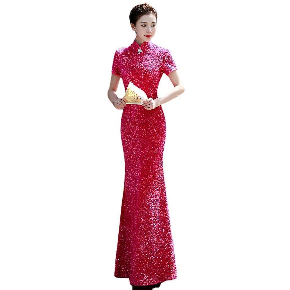 Красный cheongsam с пайетками новый атмосферный одежда для показа на подиуме как теща юбка-русалка свадебный cheongsam осенний тонкий
