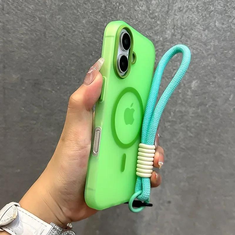 for Magsafe Candy Contrast Lanyard Case for iPhone 16 15 14 11 12 13 Pro Max Plus 16e Hand Wrist Strap Matte Soft Cover