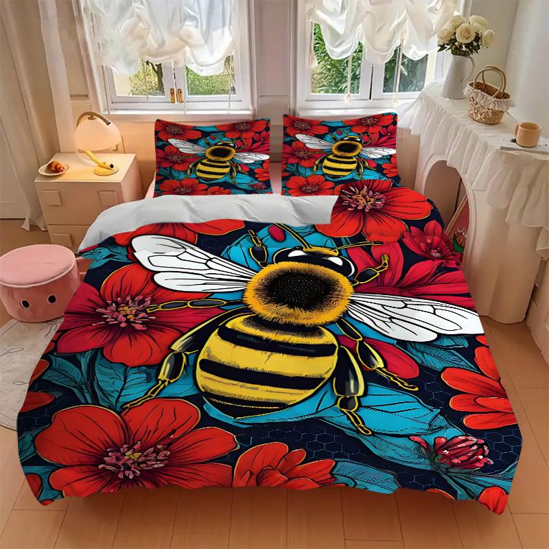 3pcs Bee Print Duvet Cover Set - Includes 1 Duvet Cover and 2 Pillowcases, No Quilt Core, All-Season Home Decor yy251111037