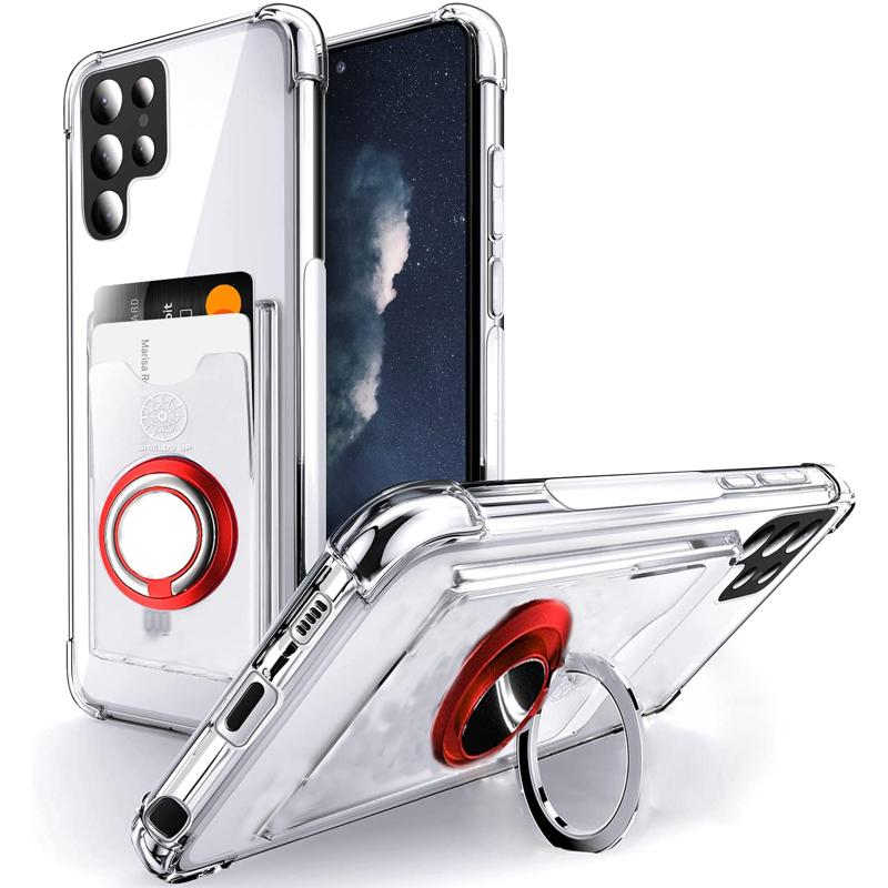 Magnetic Finger Ring Stand Transparent Case For Samsung Galaxy S22 Ultra Plus S21 S20FE S10 S20 Plus Note 20 Ultra Soft TPU Card Slot Kickstand Cover