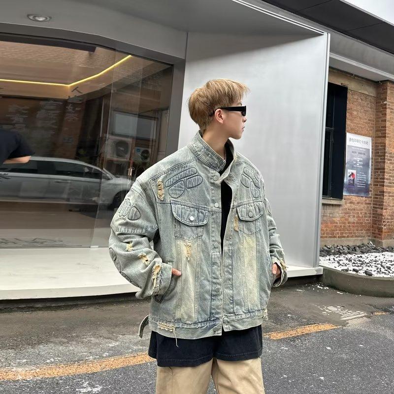 High Street American Couple Design Sense Break Vintage Loose Motorcycle Denim Jacket Armor Men's Trend Jacket