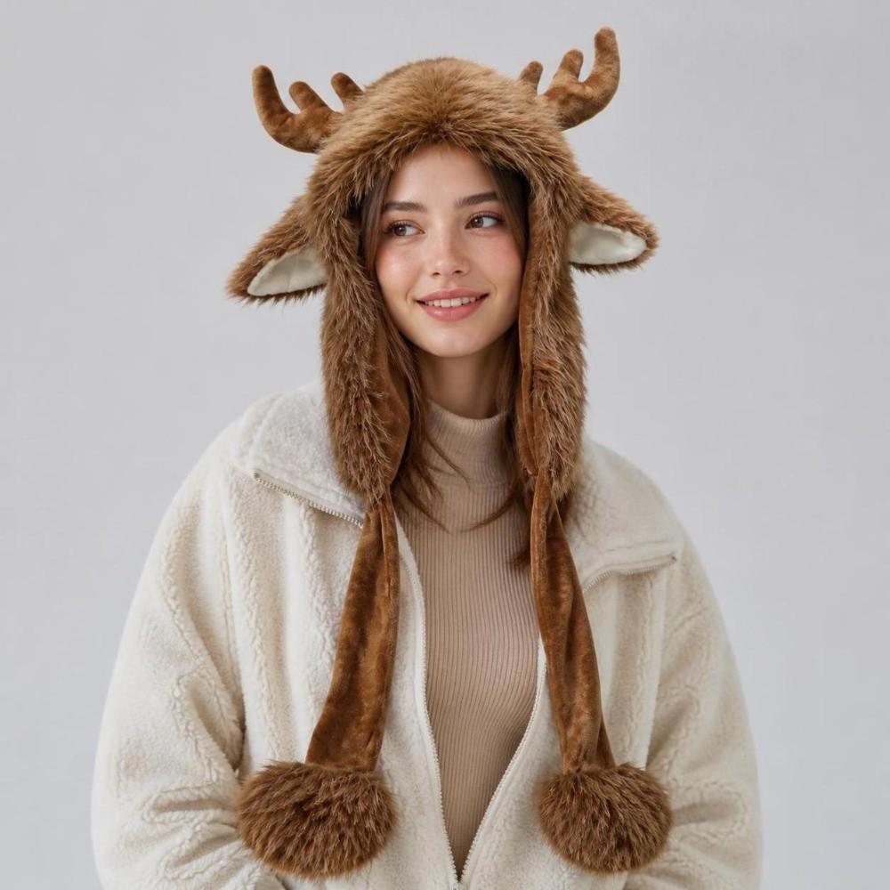 Warm Reindeer Antler Hat Plush Ear Protection Cap Lovely Christmas Elk Hat Snow
