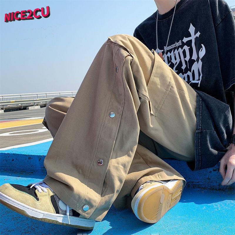 Лето 2023, новые трендовые мужские широкие брюки-карго, корейская уличная одежда, повседневные дизайнерские спортивные штаны большого размера с пуговицами для подростков