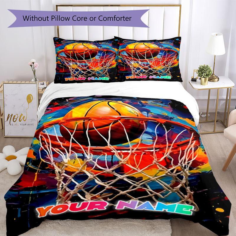3PC Custom Name Basketball Hoop" Bedding Set Printed Bedding Set Duvet Cover Closure Includes 1 Duvet Cover & 2 Pillowcases for All Seasons Bedroom