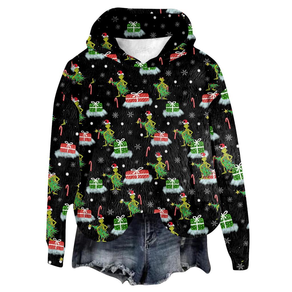 Women's Hooded Long Sleeve Christmas Printed Flannel Top Hooded Sweatshirt