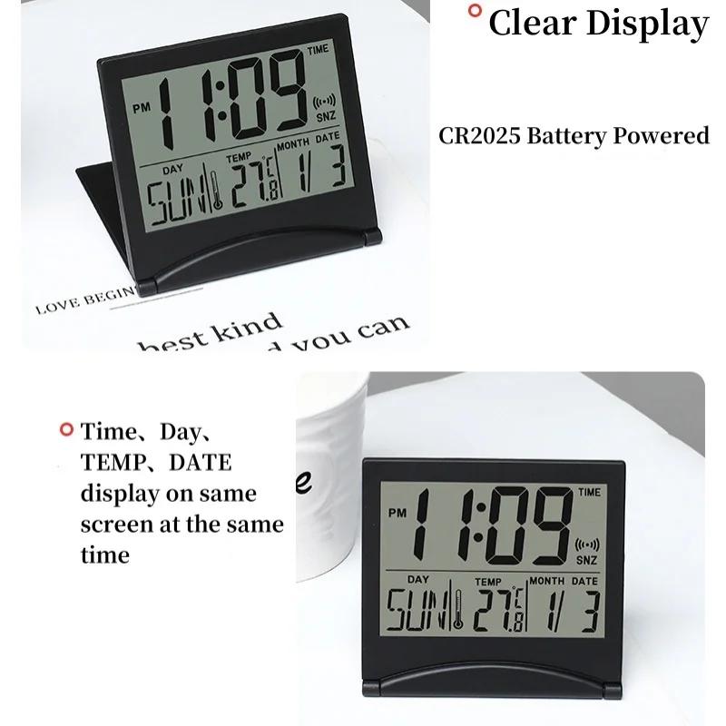 Складной мини-цифровой будильник с индикацией температуры, даты, дня недели, обратного отсчета, повтора сигнала, настольные часы 12/24 ч, питание от батареи CR2025, ЖК-часы
