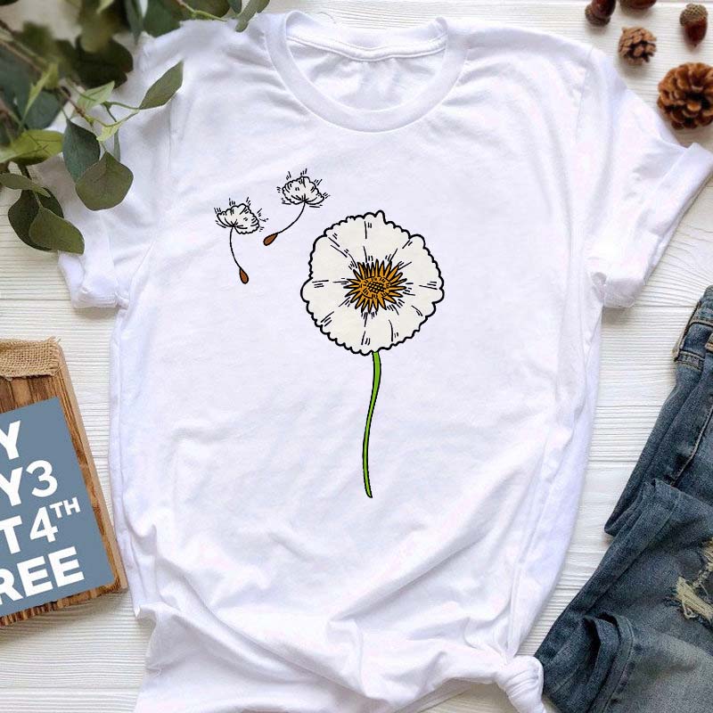 Летняя женская футболка с принтом одуванчика, свободные женские рубашки больших размеров, повседневная футболка с коротким рукавом, топ, черные модные футболки с круглым вырезом