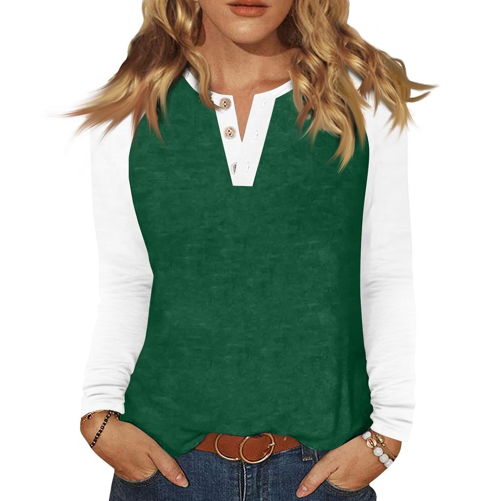 Женская футболка колор-блок на пуговицах с длинным рукавом, повседневная, для выходных, модная, базовая, с V-образным вырезом, обычная