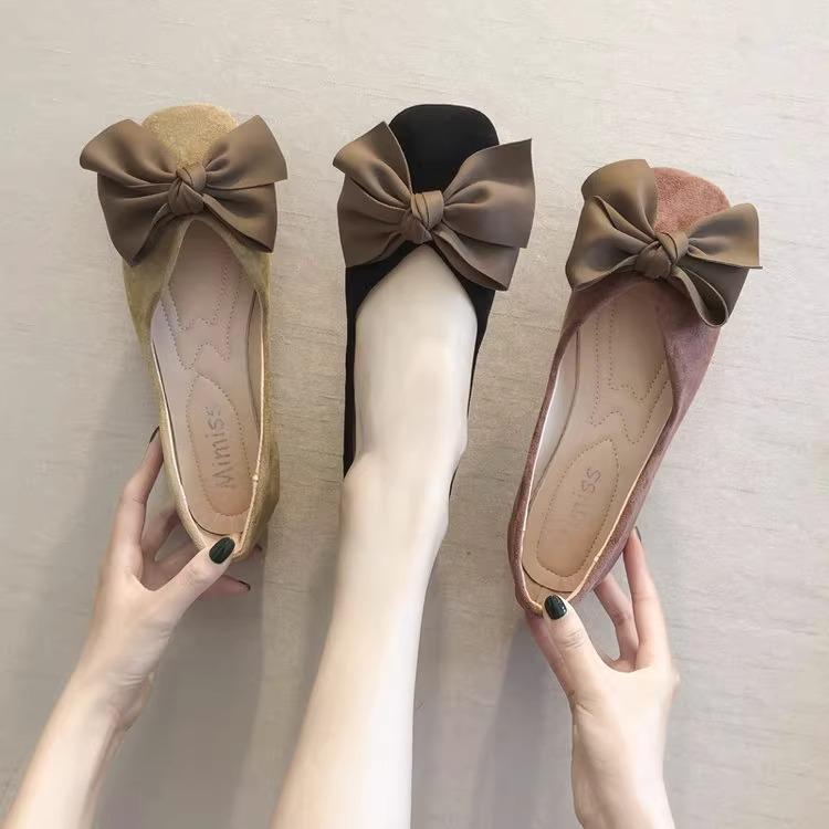Осенние туфли на плоской подошве с квадратным носком, женские, с мелким вырезом, с большим бантом, милые, универсальные, на мягкой подошве, рабочие туфли, черные